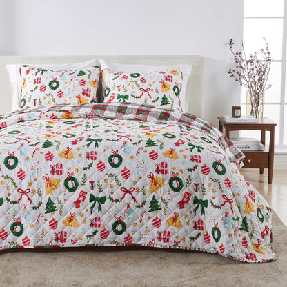 Colorful Holiday Quilt Set - Midnight Magic Collection; white quilt with prints, 2 pillow shams on Tampa Home & Garden Store