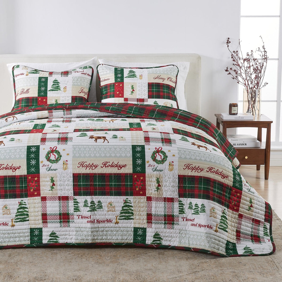 Colorful Holiday Quilt Set by Great Bay Home red green white patchwork with Christmas motifs on Tampa Home & Garden Store