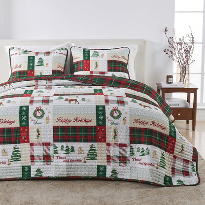 Colorful Holiday Quilt Set by Great Bay Home red green white patchwork with Christmas motifs on Tampa Home & Garden Store