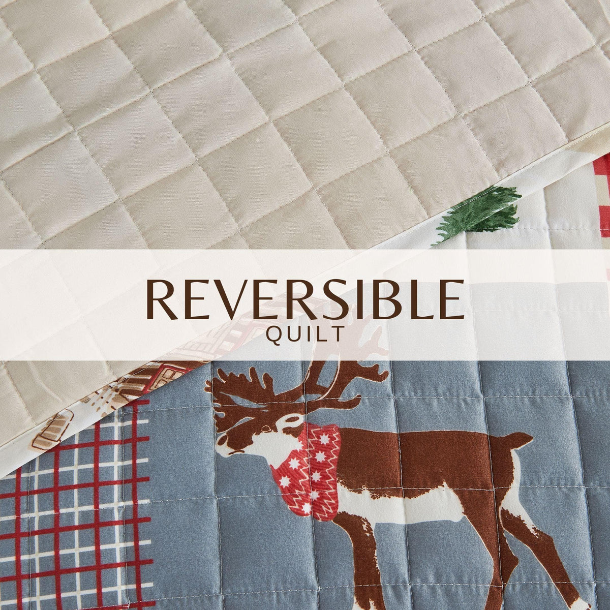 Colorful Holiday Quilt Set Midnight Magic beige grid quilt with reversible blue deer print on Tampa Home & Garden Store