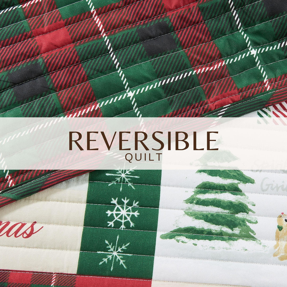 Colorful Holiday Quilt Set Midnight Magic plaid red-green with snowflakes, stitched bedding on Tampa Home & Garden Store