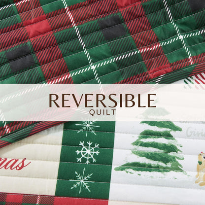 Colorful Holiday Quilt Set Midnight Magic plaid red-green with snowflakes, stitched bedding on Tampa Home & Garden Store