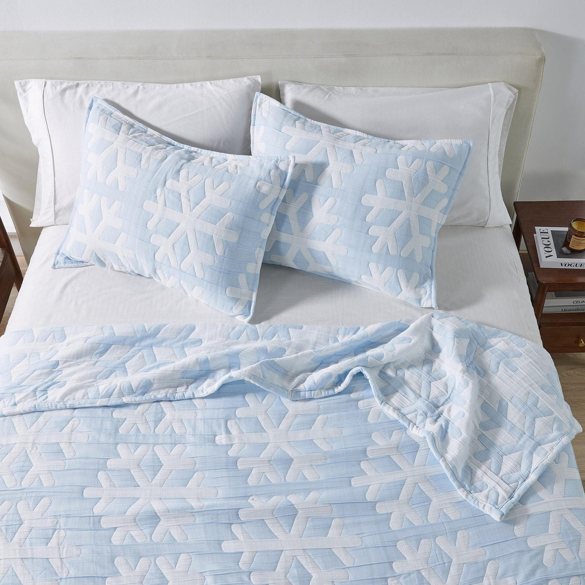 Matelassé Snowflake Quilt Set - Nino in light blue with white quilting; 4 pillows Great Bay Home on Tampa Home & Garden Store
