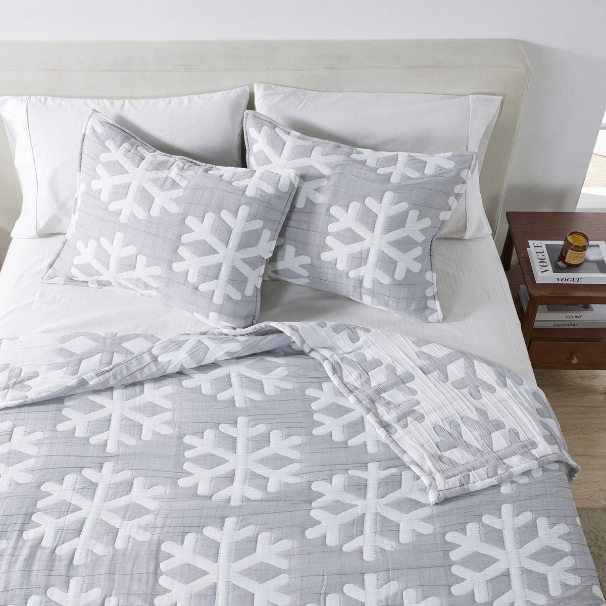 Great Bay Home Matelassé Snowflake Quilt Set in gray with white snowflakes and shams on Tampa Home & Garden Store
