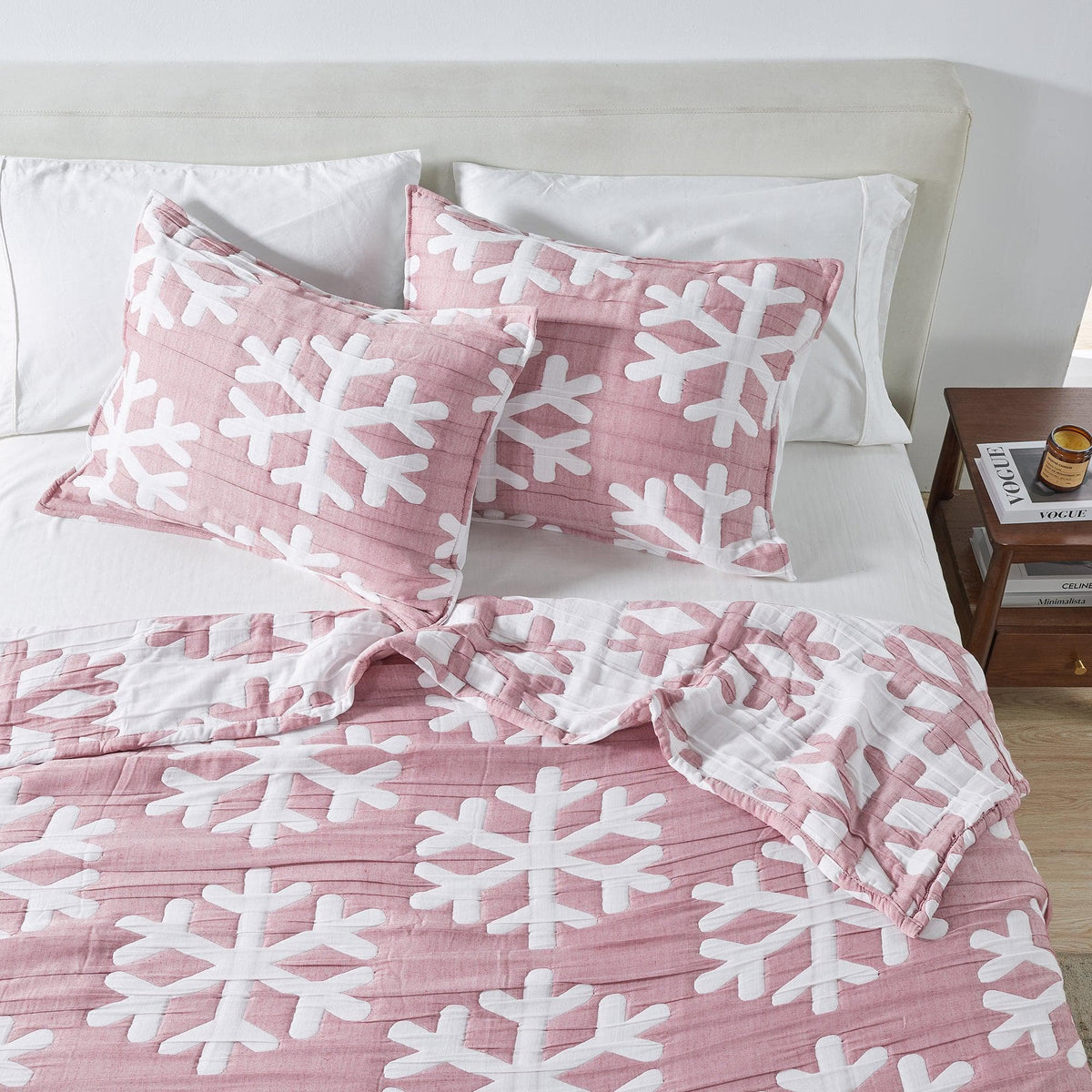 Matelassé Snowflake Quilt Set pink with white snowflakes, includes 3 shams, Great Bay Home on Tampa Home & Garden Store