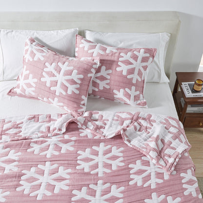 Matelassé Snowflake Quilt Set pink with white snowflakes, includes 3 shams, Great Bay Home on Tampa Home & Garden Store