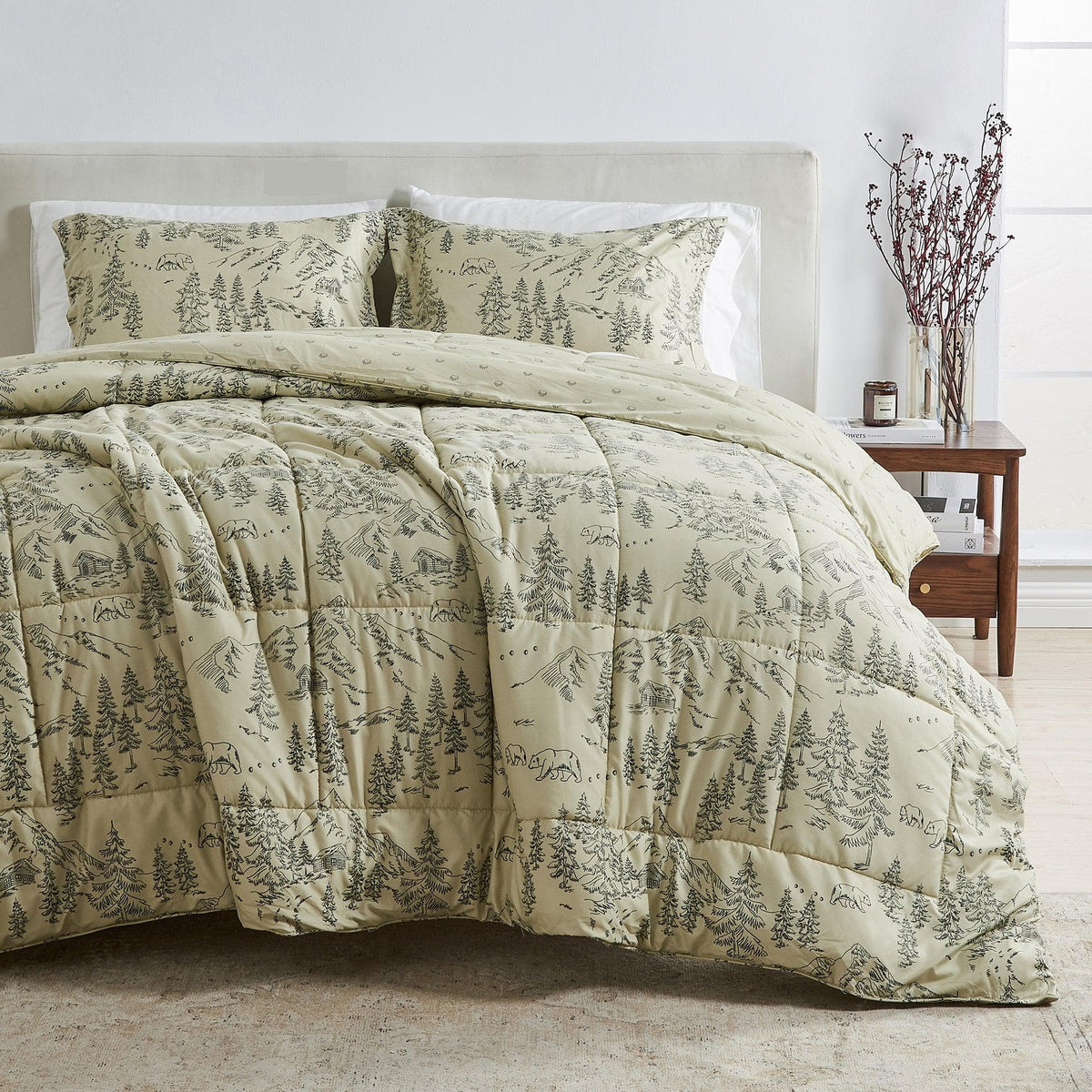 Reversible Christmas Comforter and Sham Set by Great Bay Home in beige forest print on Tampa Home & Garden Store