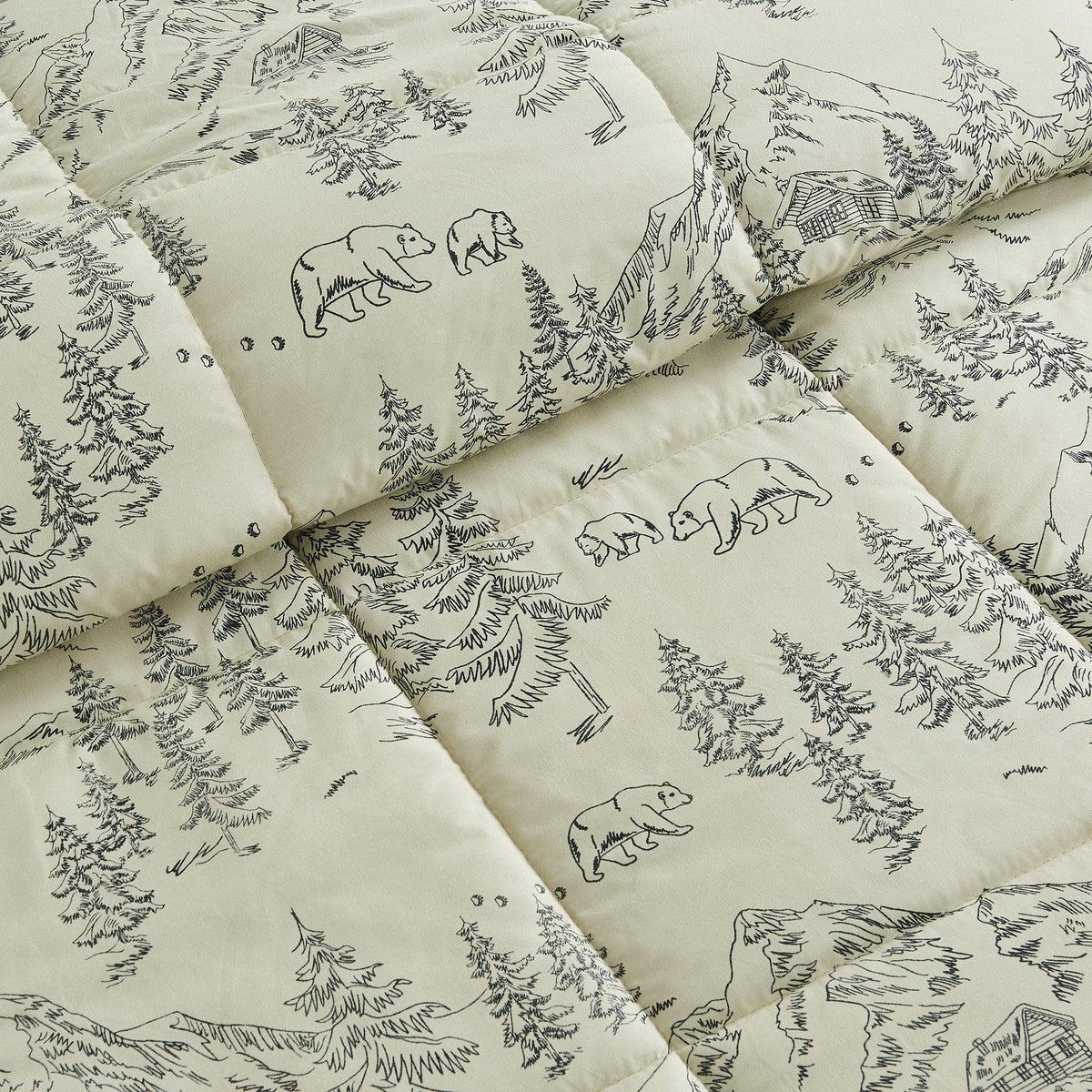 Reversible Christmas Comforter and Sham Set with bear and cabin scene on cream fabric on Tampa Home & Garden Store