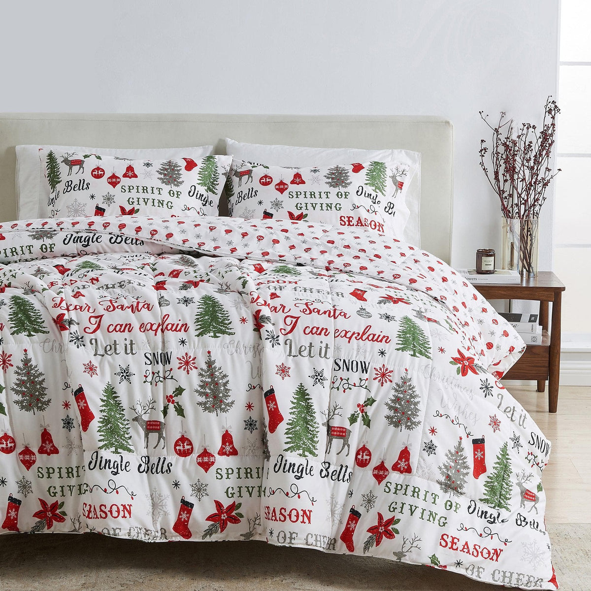 Reversible Christmas Comforter & Sham Set by Great Bay Home, Odette white holiday print, 2 shams on Tampa Home & Garden Store