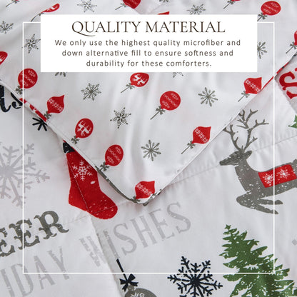Reversible Christmas comforter and sham set Odette with white background and red ornaments on Tampa Home & Garden Store