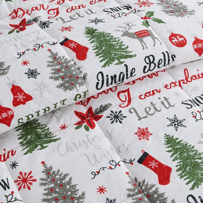 Reversible Christmas Comforter & Sham Set white quilt with red stockings and green trees on Tampa Home & Garden Store