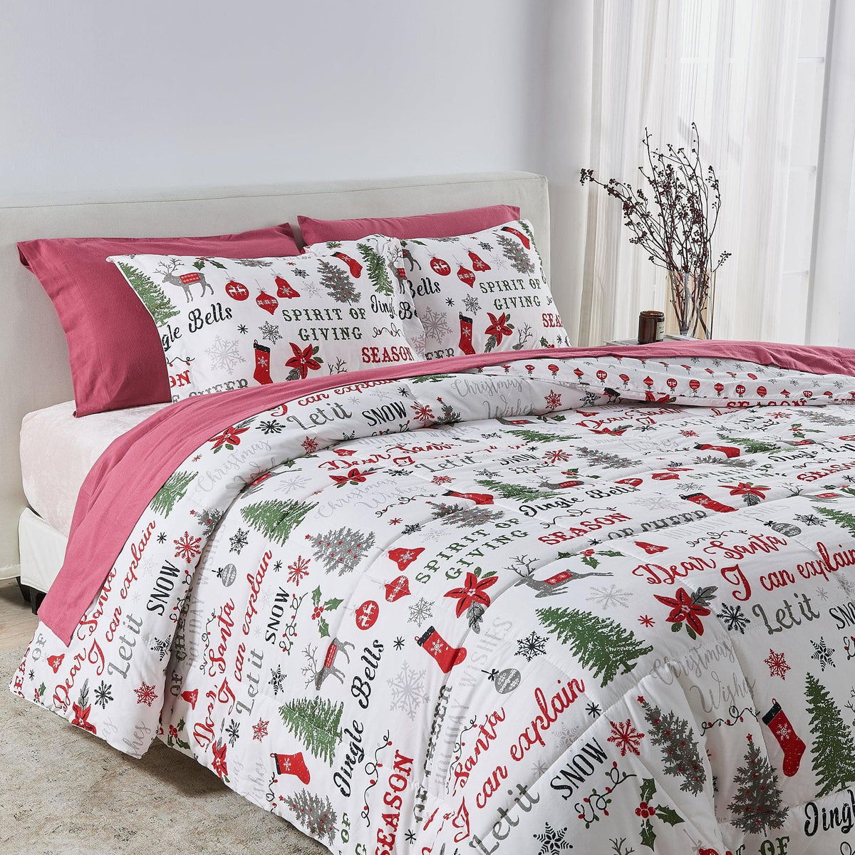 Reversible Christmas Comforter Set by Great Bay Home with pink reverse and holiday print on Tampa Home & Garden Store