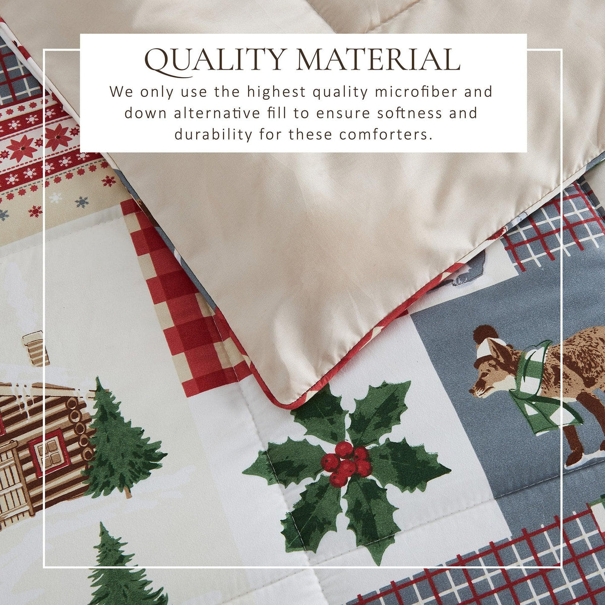 Reversible Christmas comforter and sham set beige with red plaid trim by Great Bay Home on Tampa Home & Garden Store