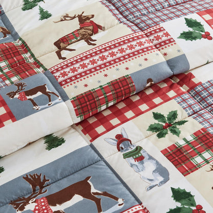 Reversible Christmas Comforter and Sham Set in patchwork holiday plaid with reindeer on Tampa Home & Garden Store