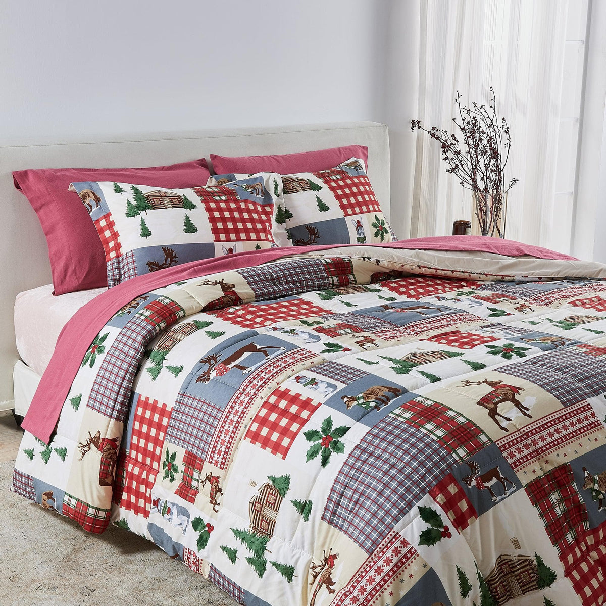Reversible Christmas Comforter and Sham Set by Great Bay Home with red plaid patchwork on Tampa Home & Garden Store