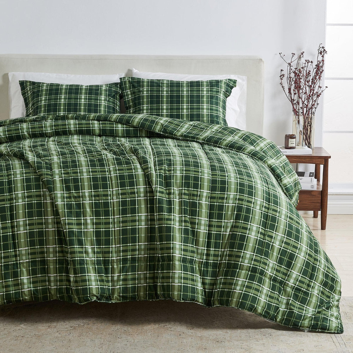 Reversible Christmas comforter and sham set in green plaid with two shams by Great Bay Home on Tampa Home & Garden Store