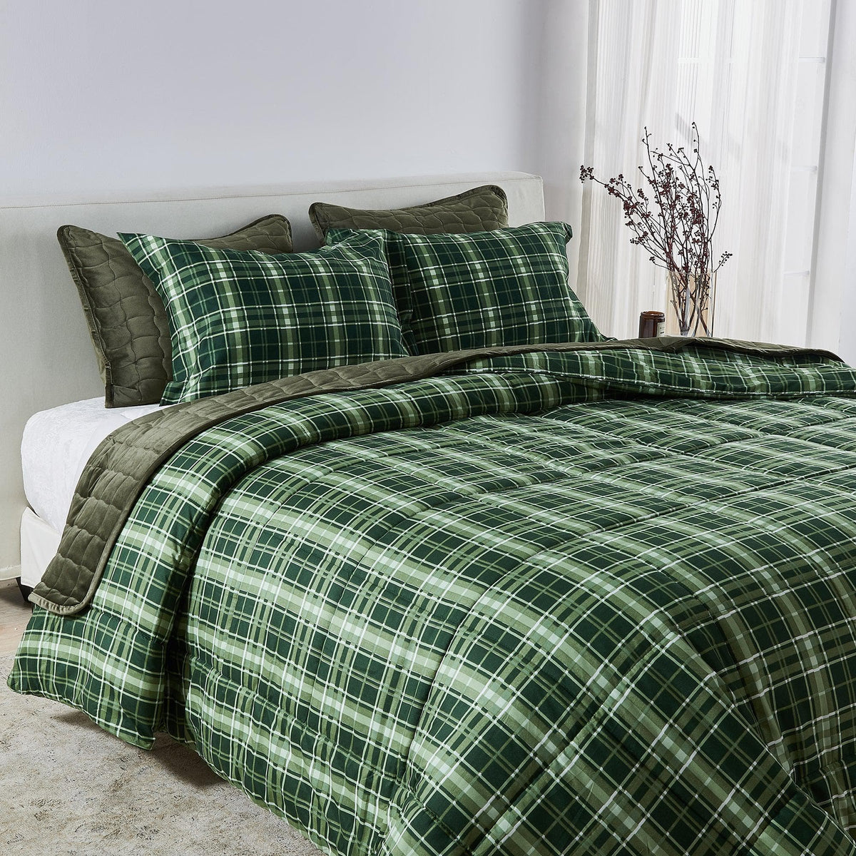 Reversible Christmas Comforter and Sham Set in green plaid with olive quilt reverse on Tampa Home & Garden Store