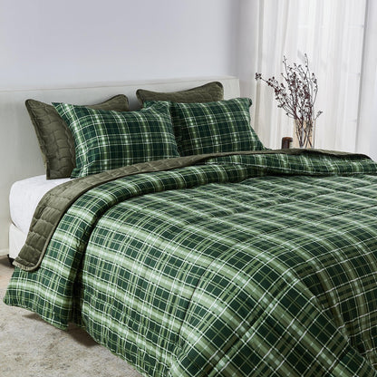 Reversible Christmas Comforter and Sham Set in green plaid with olive quilt reverse on Tampa Home & Garden Store