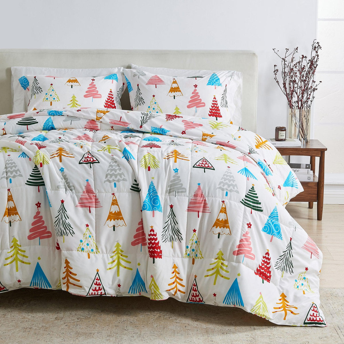 Reversible Christmas Comforter and Sham Set by Great Bay Home Odette Collection trees on white on Tampa Home & Garden Store
