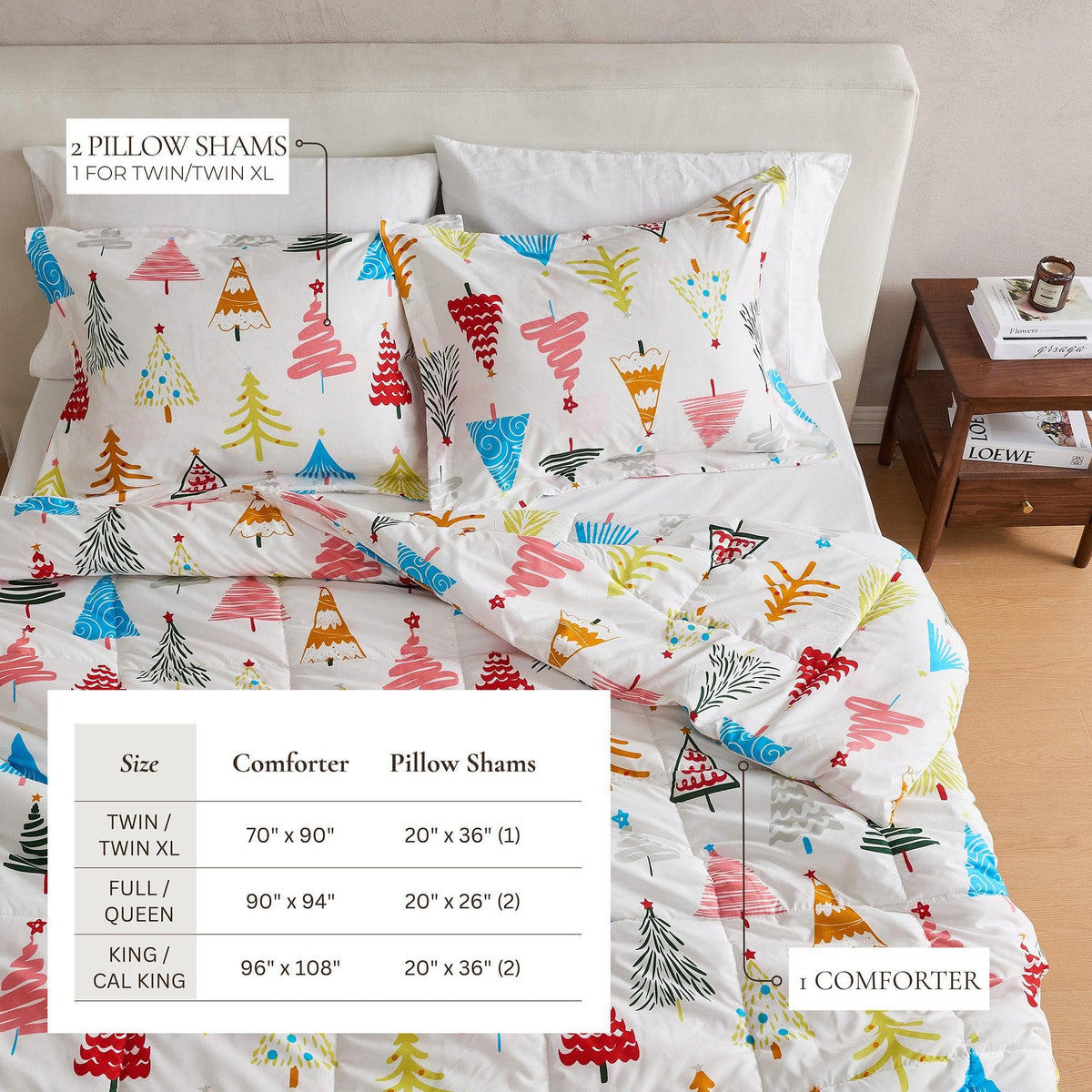 Reversible Christmas Comforter & Sham Set by Great Bay Home; white with tree prints, 2 shams on Tampa Home & Garden Store