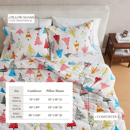Reversible Christmas Comforter & Sham Set by Great Bay Home; white with tree prints, 2 shams on Tampa Home & Garden Store