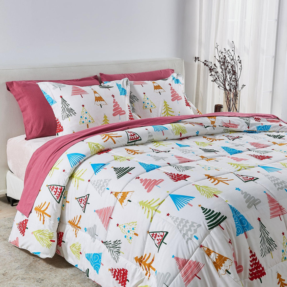 Reversible Christmas Comforter and Sham Set with trees and pink trim by Great Bay Home on Tampa Home & Garden Store