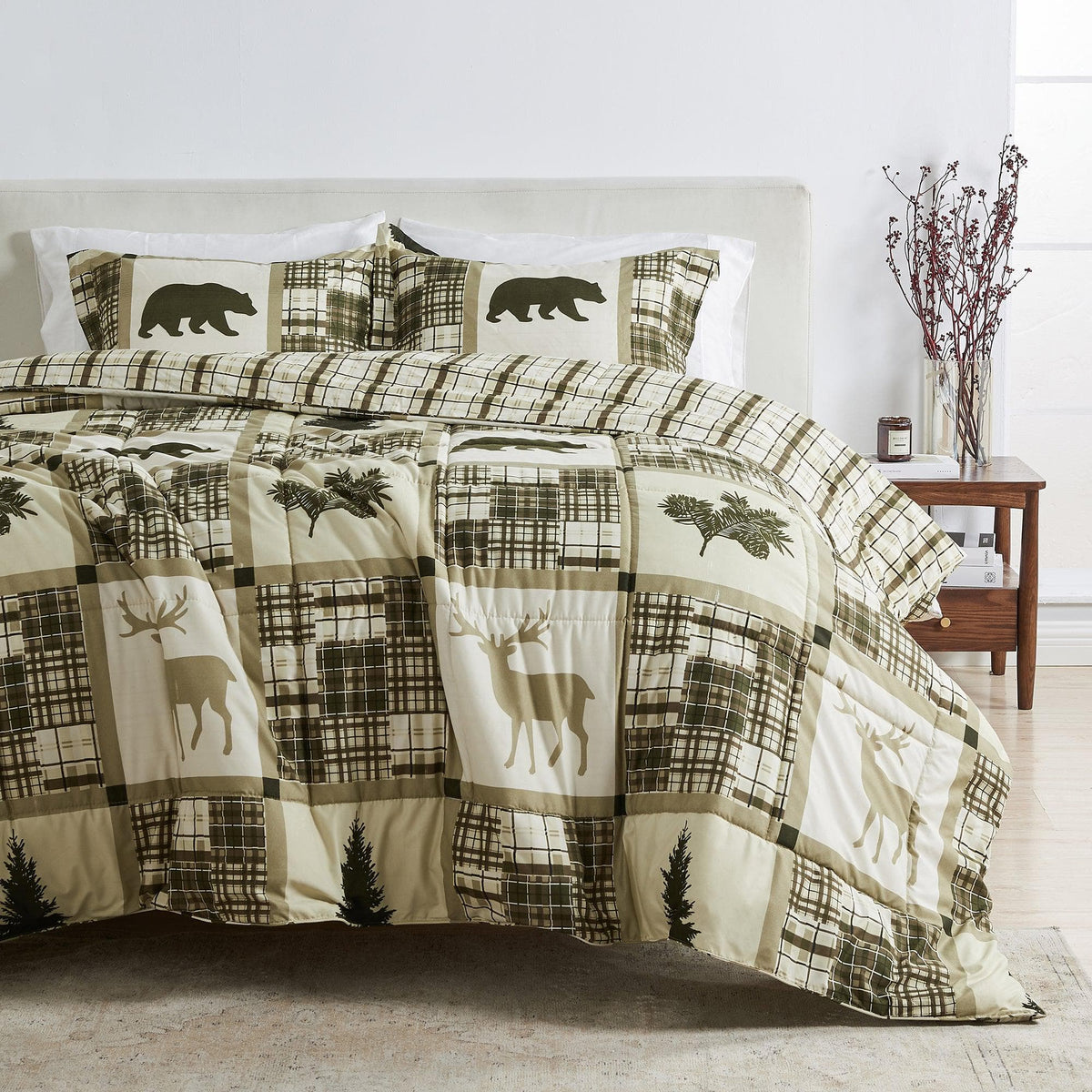 Reversible Christmas comforter set with bears and trees, 2 shams by Great Bay Home beige plaid on Tampa Home & Garden Store