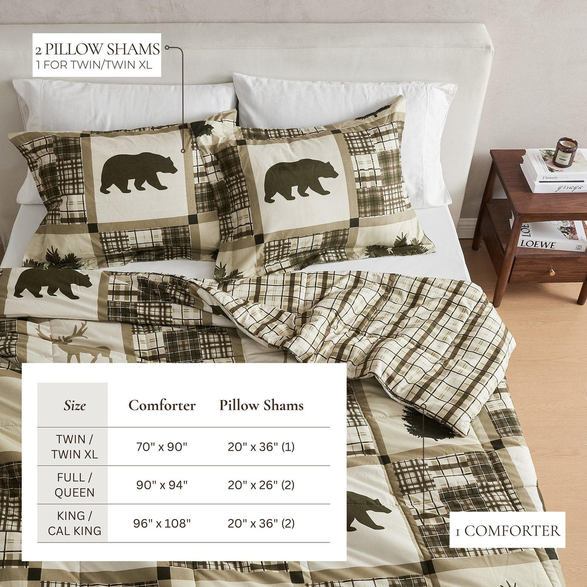 Reversible Christmas Comforter and Sham Set; tan plaid with bear motif, 2 pillow shams on Tampa Home & Garden Store