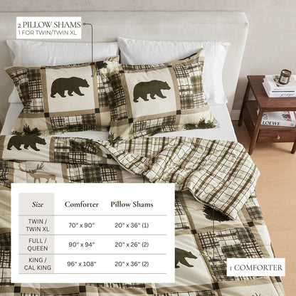 Reversible Christmas Comforter and Sham Set; tan plaid with bear motif, 2 pillow shams on Tampa Home & Garden Store