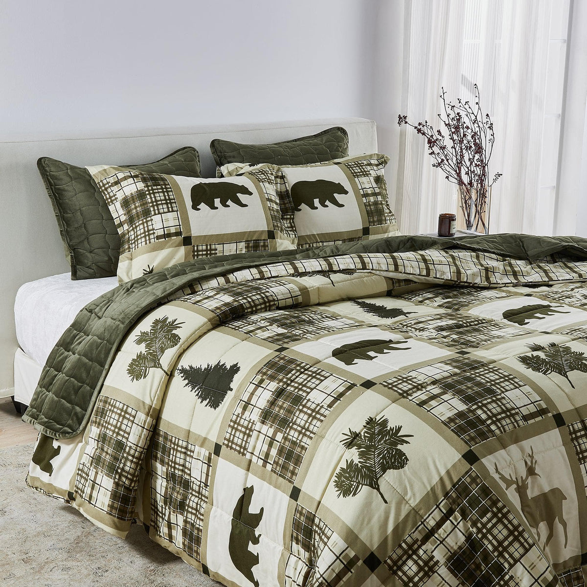 Reversible Christmas Comforter Set by Great Bay Home olive plaid with bear motif on bed on Tampa Home & Garden Store