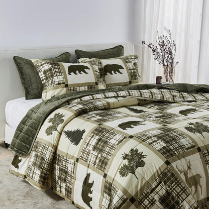 Reversible Christmas Comforter Set by Great Bay Home olive plaid with bear motif on bed on Tampa Home & Garden Store