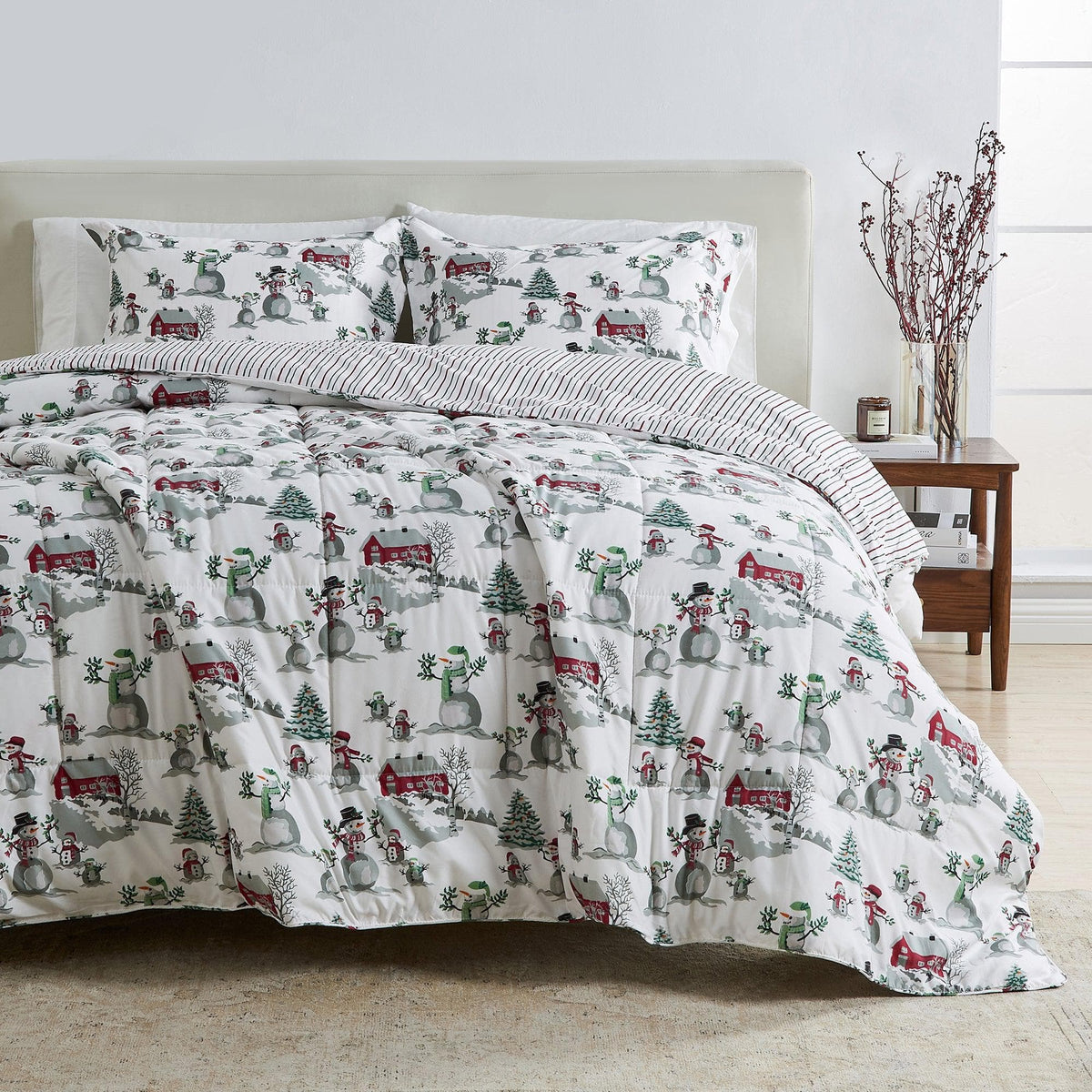 Great Bay Home Reversible Holiday Comforter & Sham Set with snowmen, houses, trees on white on Tampa Home & Garden Store
