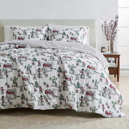 Great Bay Home Reversible Holiday Comforter & Sham Set with snowmen, houses, trees on white on Tampa Home & Garden Store