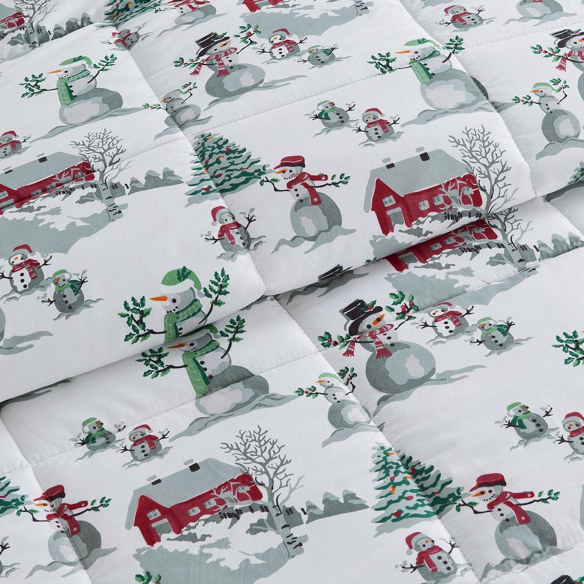 Reversible Christmas Comforter and Sham Set by Great Bay Home snowman village print on white on Tampa Home & Garden Store