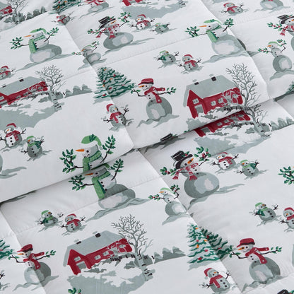 Reversible Christmas Comforter and Sham Set by Great Bay Home snowman village print on white on Tampa Home & Garden Store