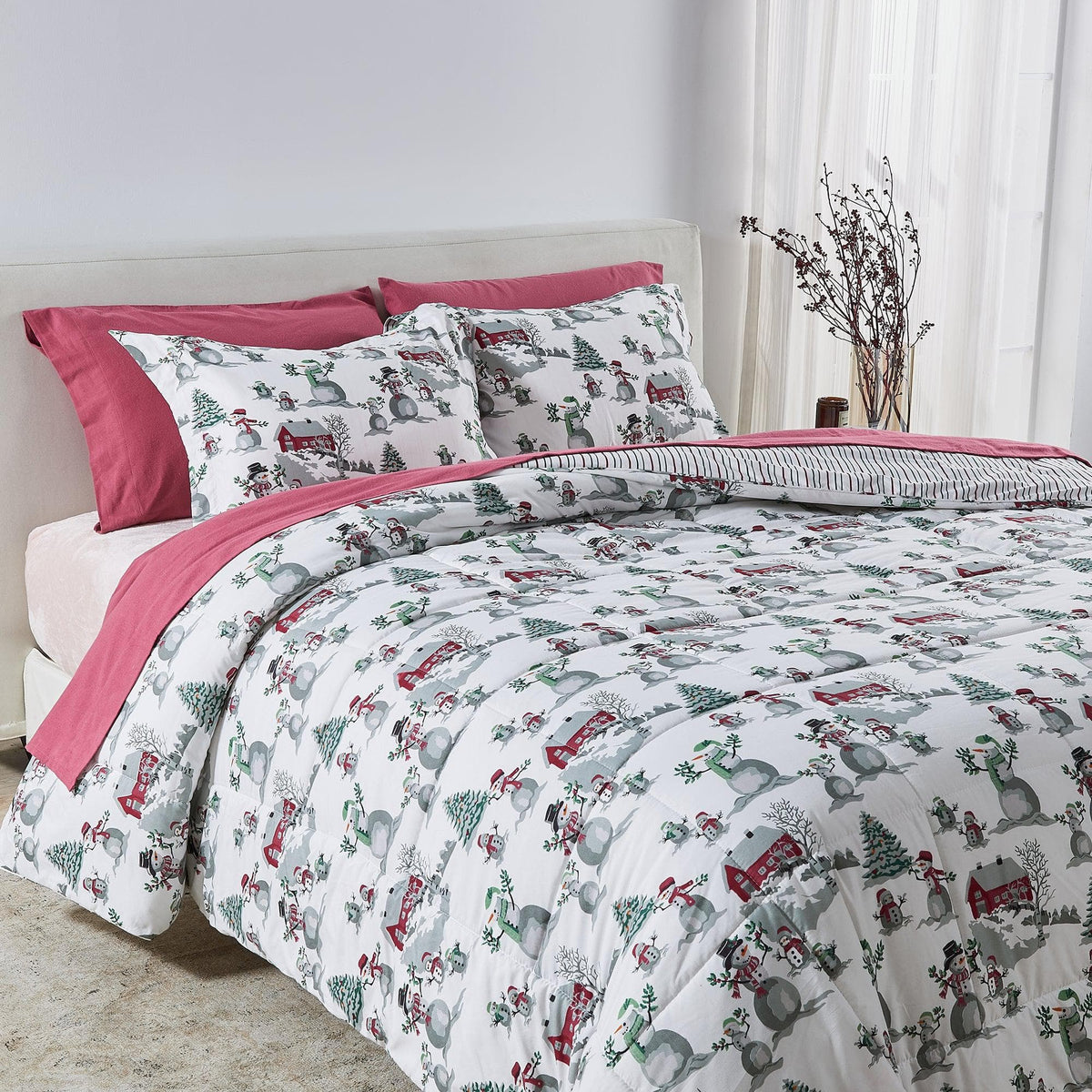 Reversible Christmas Comforter and Sham Set by Great Bay Home with pink trim holiday print on white on Tampa Home & Garden Store