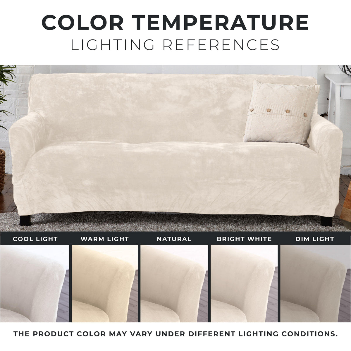 Great Bay Home Velvet Stretch Slipcover Gale Collection on beige sofa on Tampa Home & Garden Store