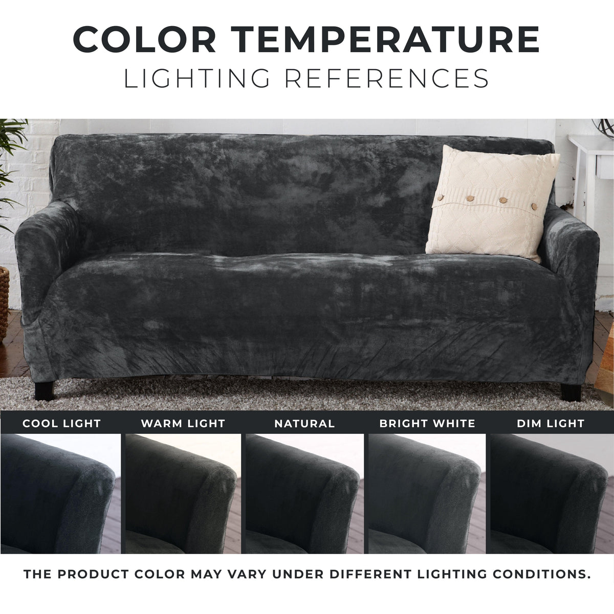 Velvet Stretch Slipcover Gale Collection Great Bay Home on a charcoal sofa with beige pillow on Tampa Home & Garden Store