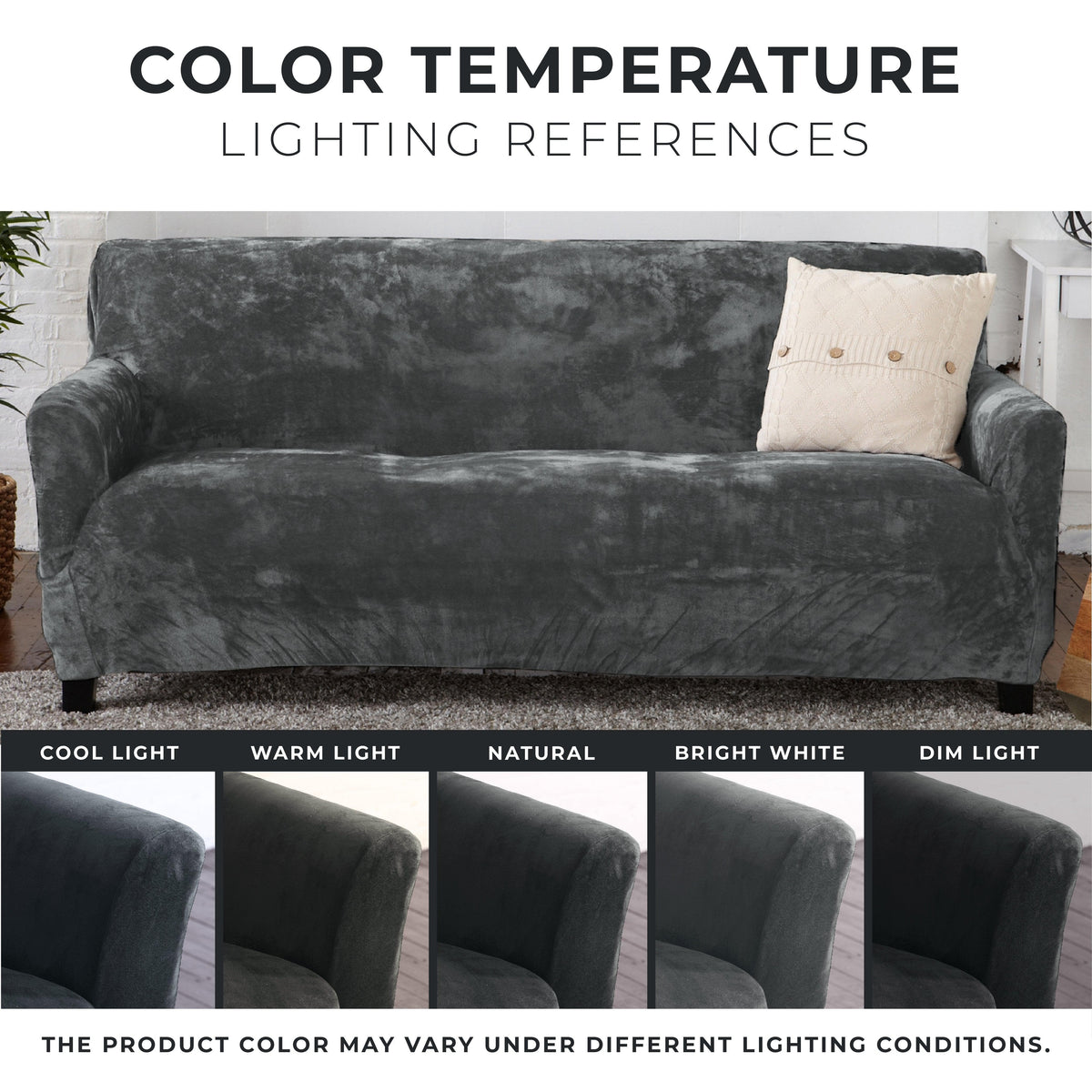 Velvet stretch slipcover Gale Collection on dark grey sofa with beige pillow on Tampa Home & Garden Store