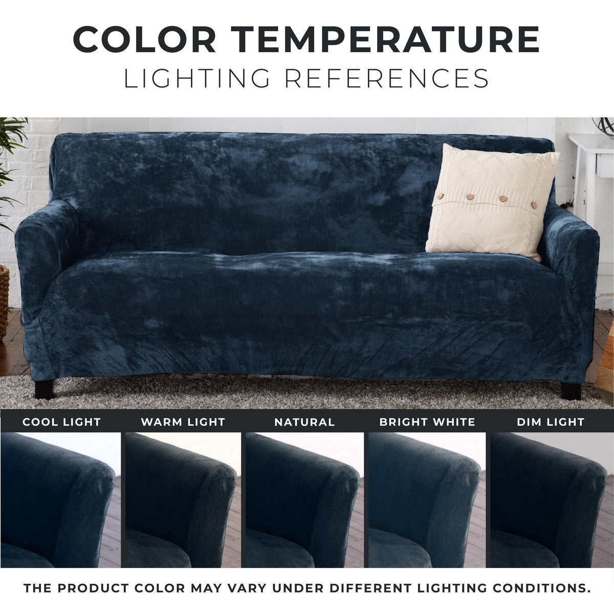Velvet Stretch Slipcover Gale Collection navy on sofa by Great Bay Home on Tampa Home & Garden Store