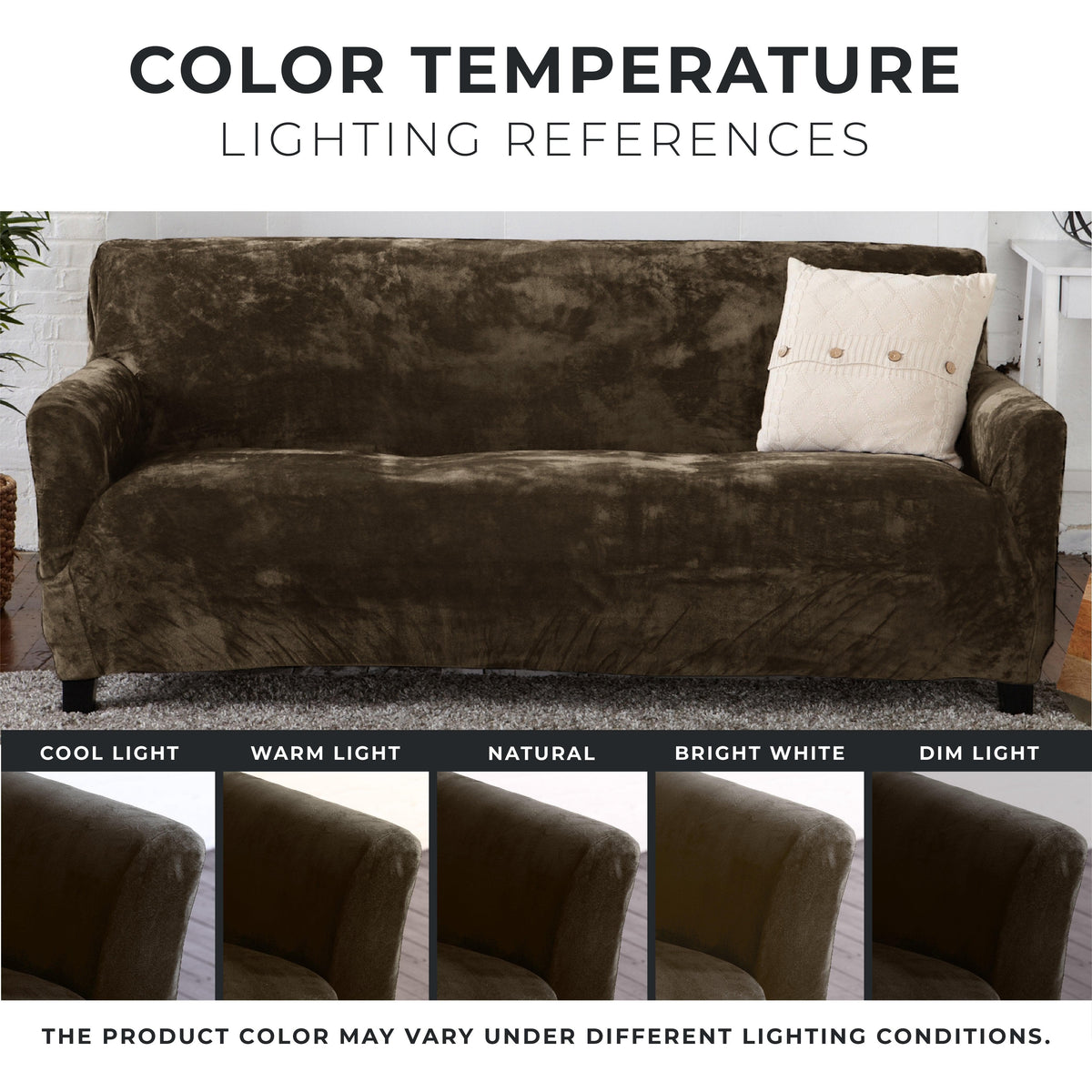 Velvet Stretch Slipcover Gale Collection for sofa in brown velvet with cream pillow on Tampa Home & Garden Store