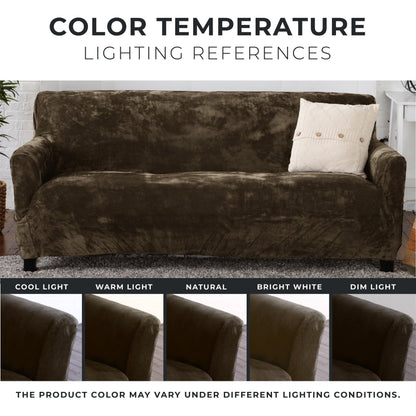 Velvet Stretch Slipcover Gale Collection for sofa in brown velvet with cream pillow on Tampa Home & Garden Store