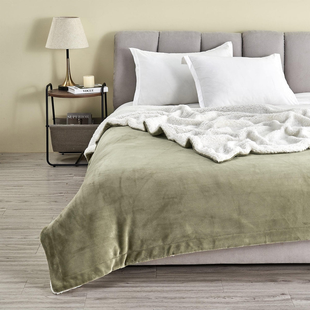Velvet Plush Sherpa Luxury Bed Blanket – Kinsley Collection, sage green, by Great Bay Home on Tampa Home & Garden Store