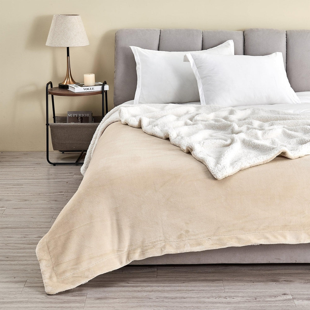 Beige Velvet Plush Sherpa Luxury Bed Blanket by Great Bay Home, Kinsley Collection on Tampa Home & Garden Store