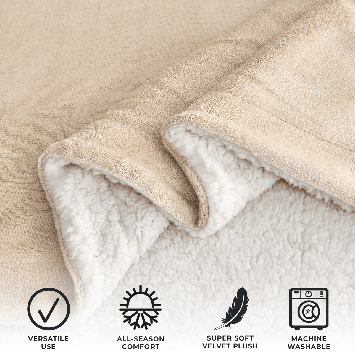 Velvet Plush Sherpa Bed Blanket - Kinsley, beige with sherpa lining by Great Bay Home on Tampa Home & Garden Store