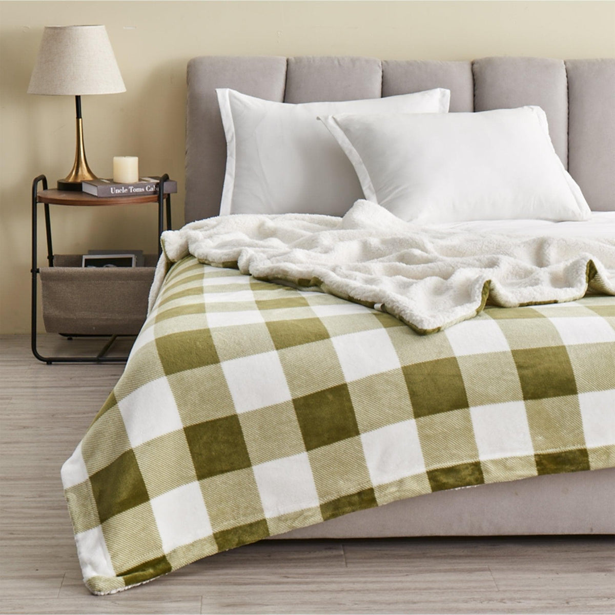 Velvet Plush Sherpa Luxury Bed Blanket - Kinsley Collection in ivory by Great Bay Home on bed on Tampa Home & Garden Store