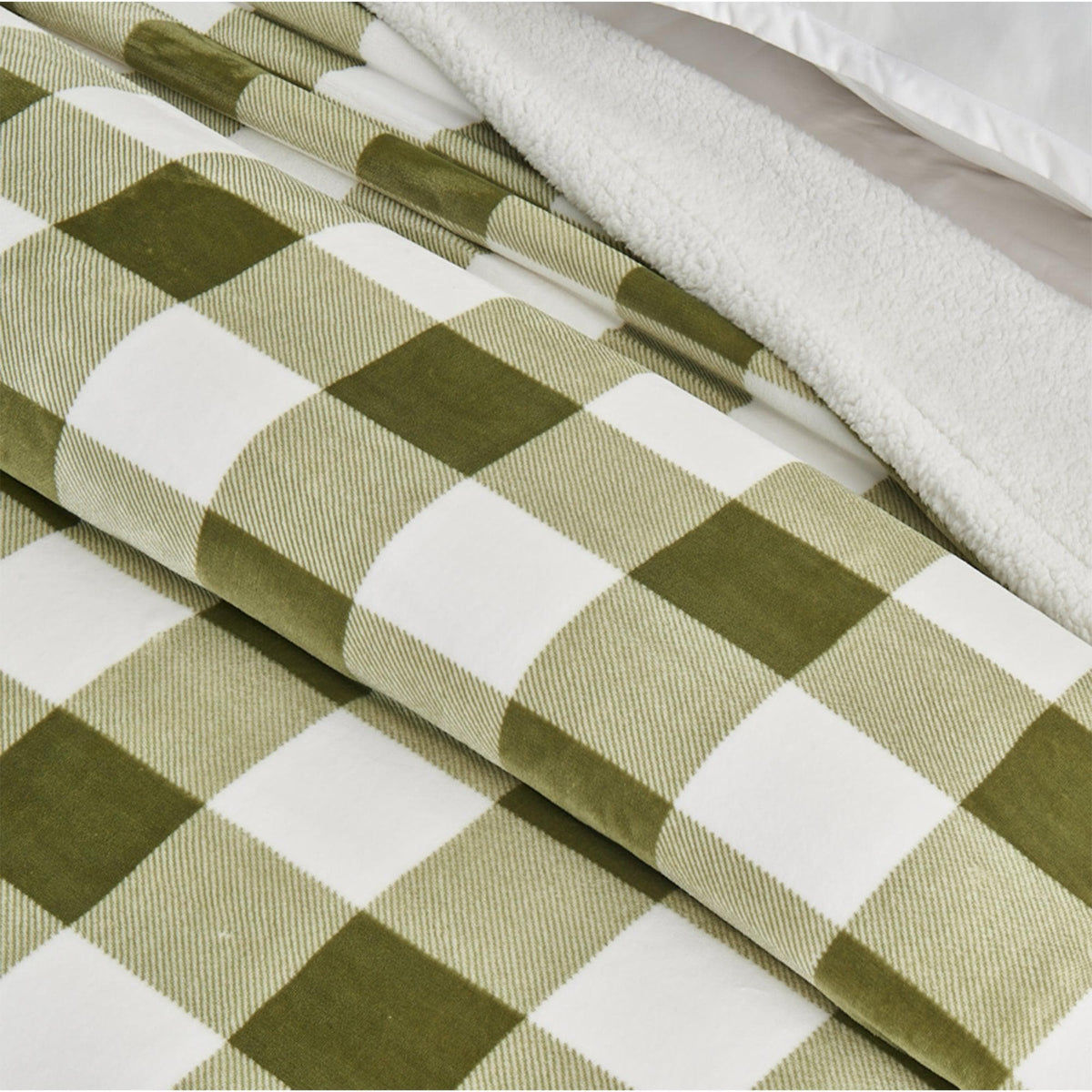 Velvet Plush Sherpa Bed Blanket by Great Bay Home, olive plaid with white sherpa backing on Tampa Home & Garden Store