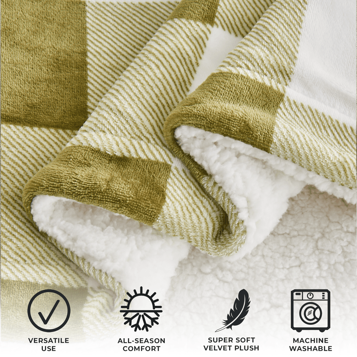 Velvet Plush Sherpa Bed Blanket Kinsley Collection olive green and white sherpa backing on Tampa Home & Garden Store