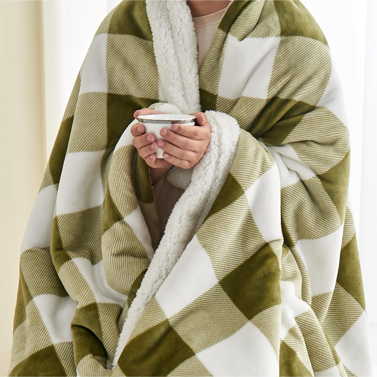 Velvet Plush Sherpa Bed Blanket, Kinsley olive and cream plaid with sherpa lining on Tampa Home & Garden Store