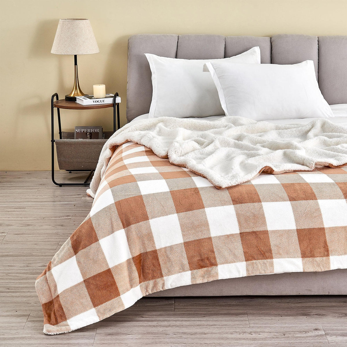 Velvet Plush Sherpa Luxury Bed Blanket Kinsley Great Bay Home white plush atop brown plaid on Tampa Home & Garden Store